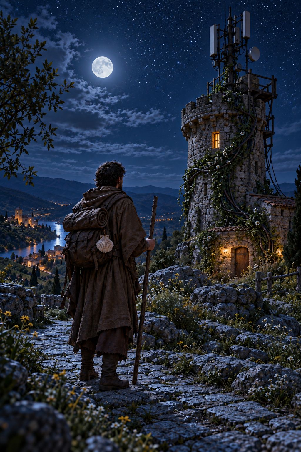 The pilgrim on a hill path before an old stone watchtower with a tall antenna mast, overgrown with cables and ivy
