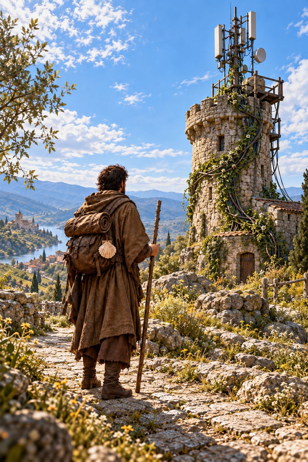 The pilgrim before the antenna tower in daylight